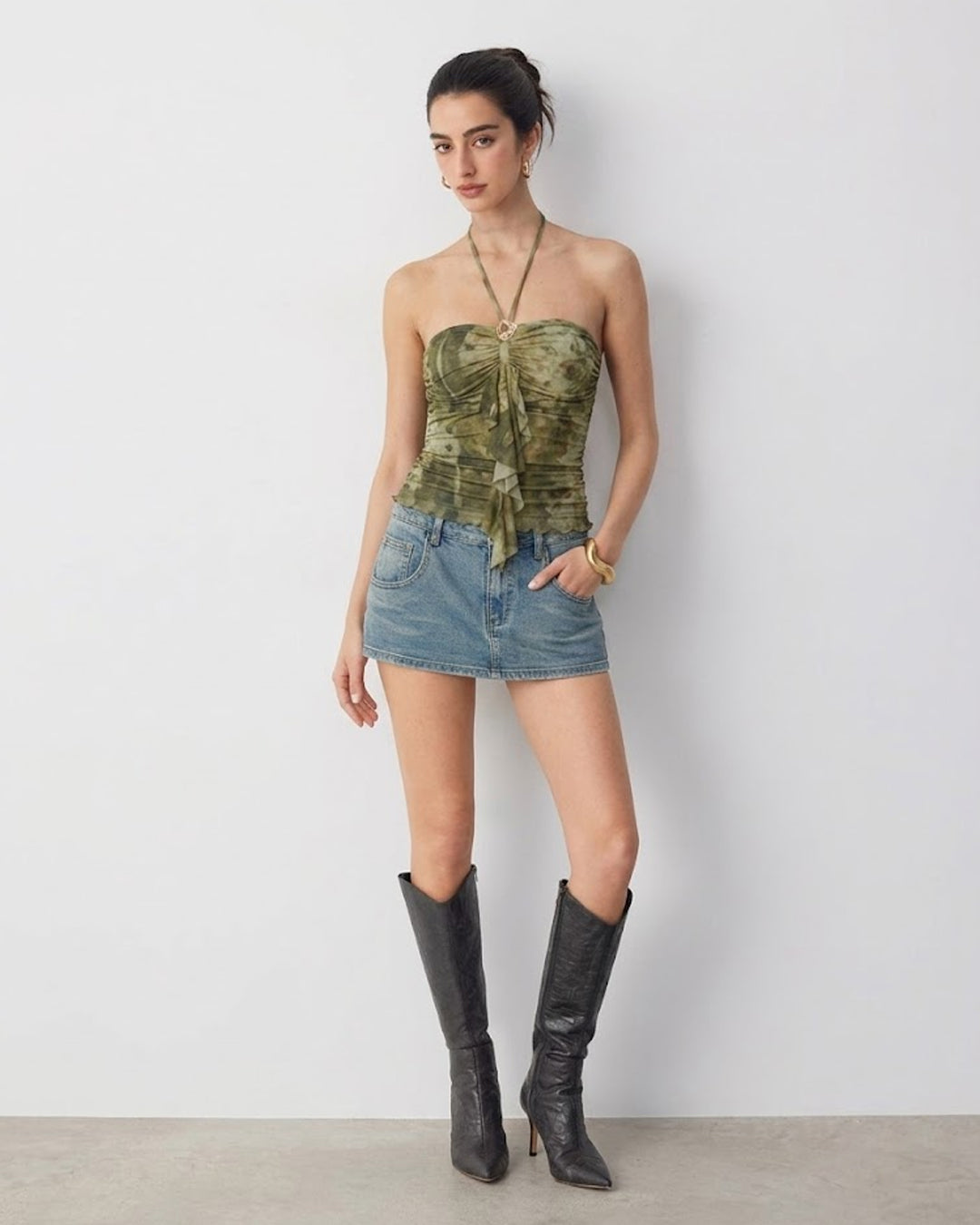 Ruffle Trim and Halter Tie Printed Top in Olive Green