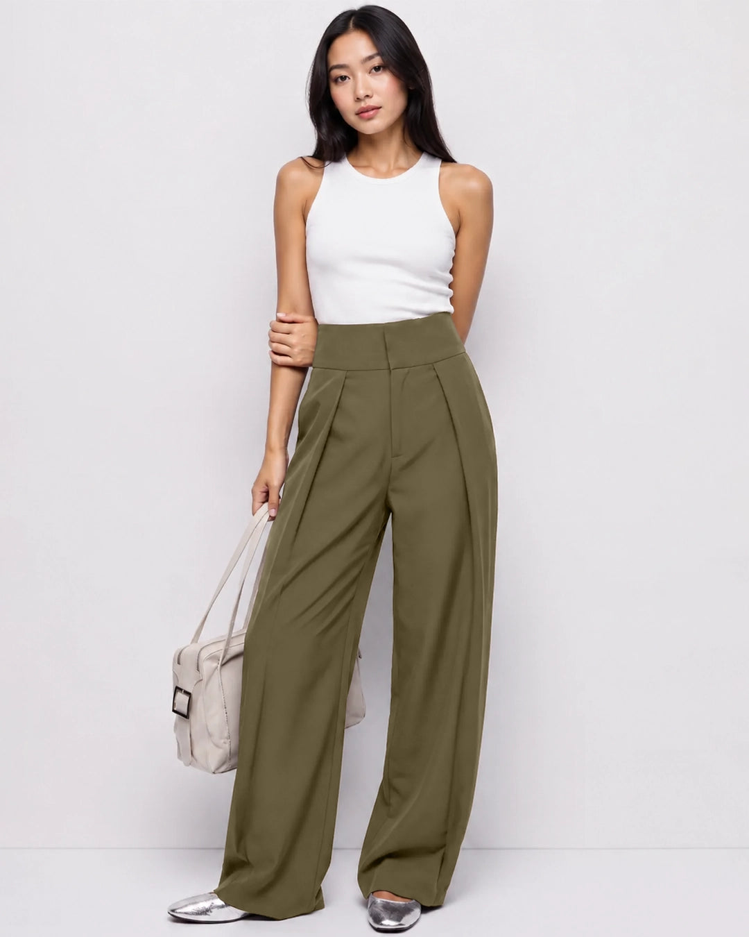 Front Pleat High Rise Wide Leg Pants in Brown