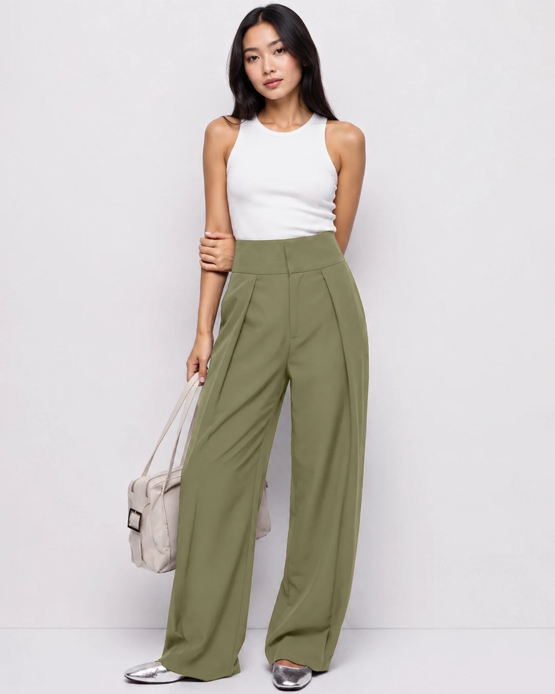 Front Pleat High Rise Wide Leg Pants in Sage Green