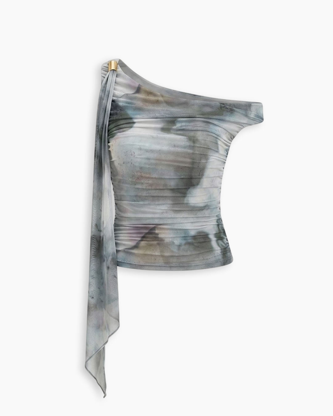 Off-Shoulder Ruched Abstract Top in Light Grey