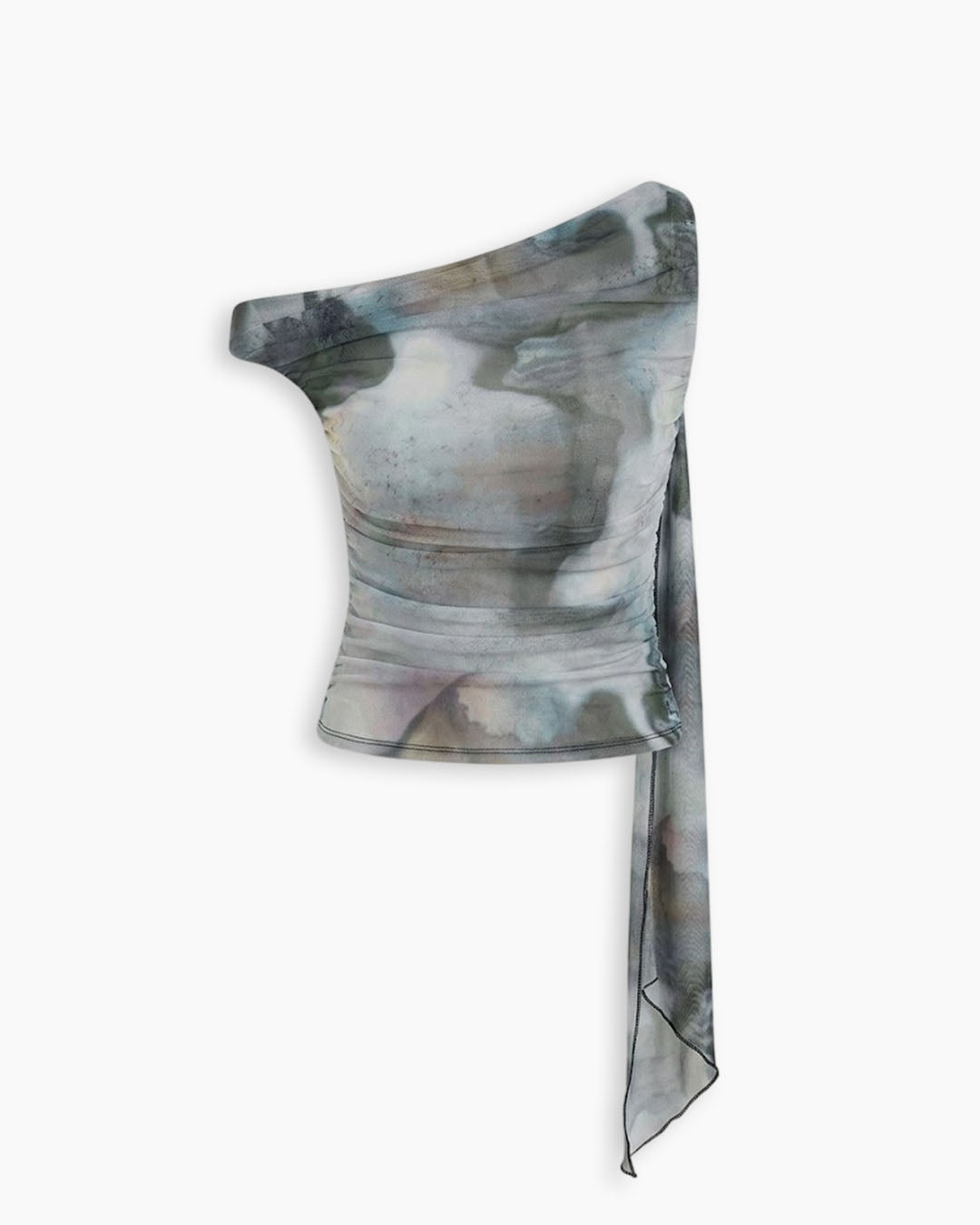 Off-Shoulder Ruched Abstract Top in Light Grey