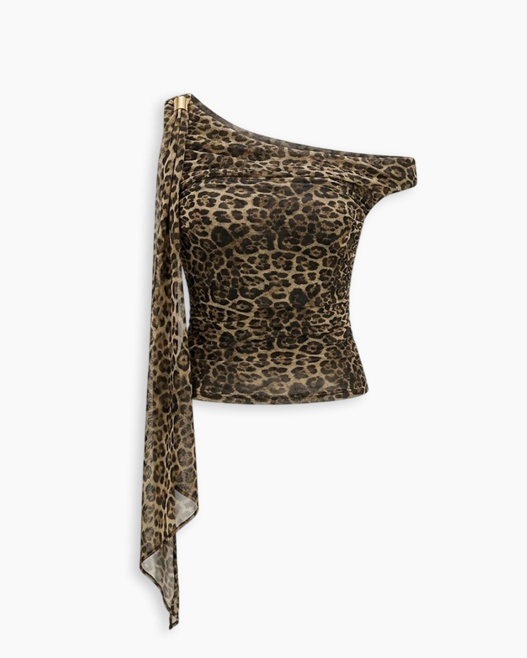 Off-Shoulder Ruched Printed Top in Cocoa Brown