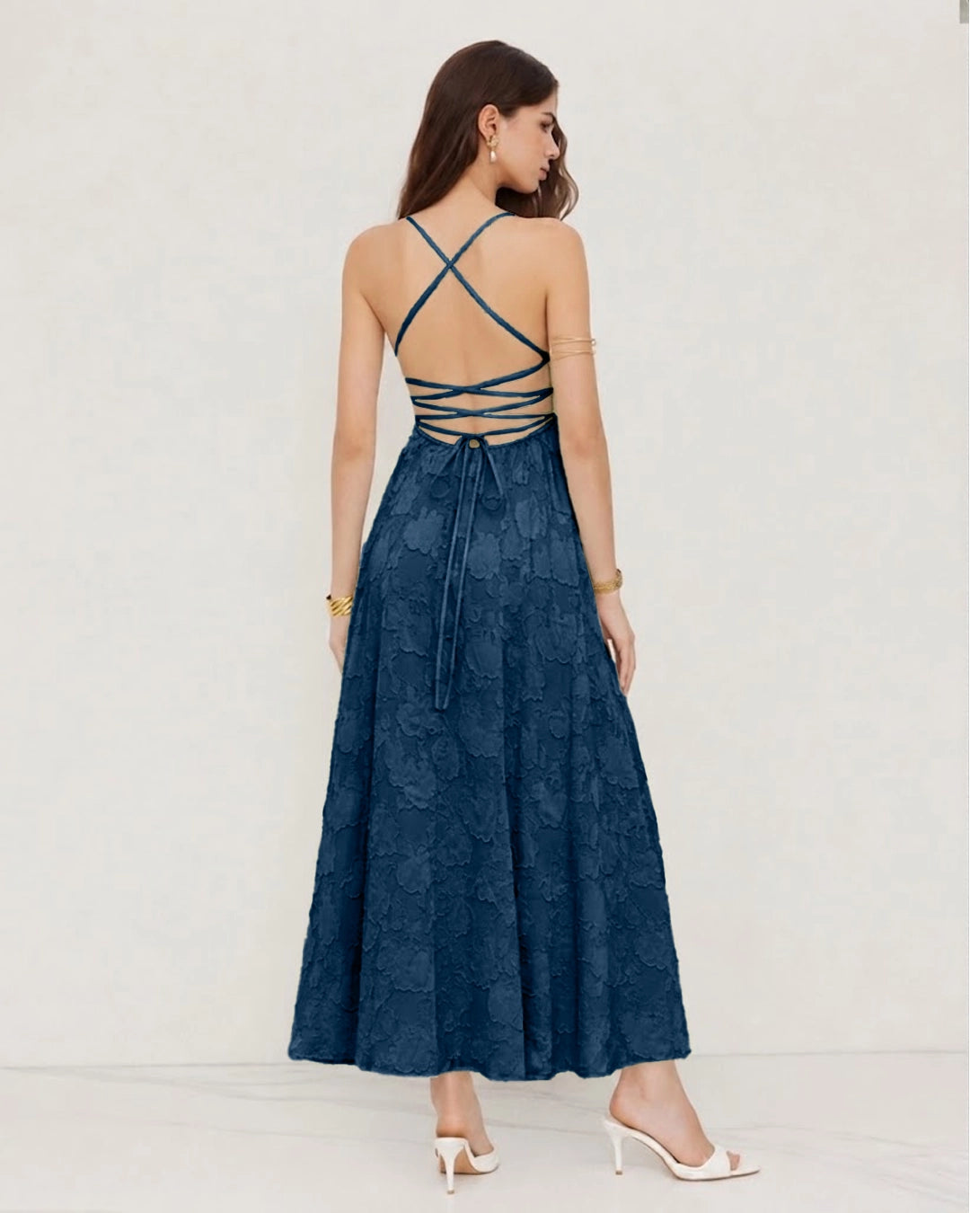 Floral Textured Cross Back Midi Dress in Navy Blue