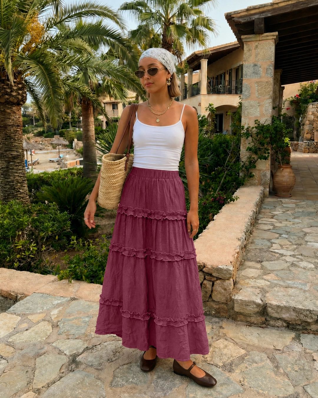 Tiered Ruffle Maxi Skirt in Maroon