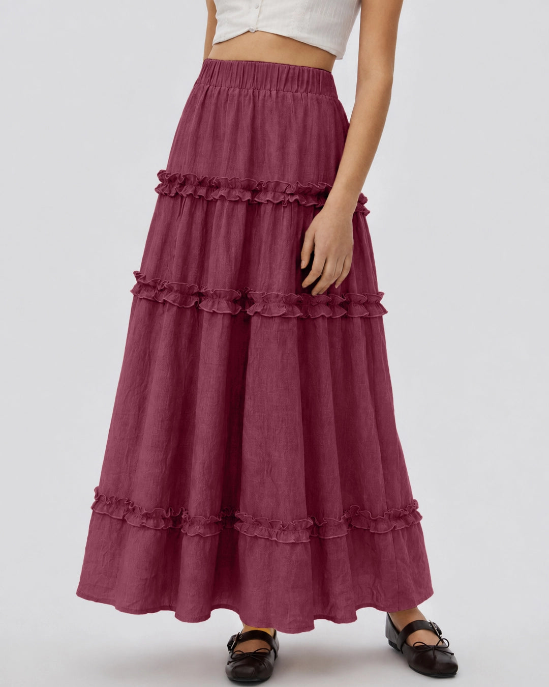 Tiered Ruffle Maxi Skirt in Maroon
