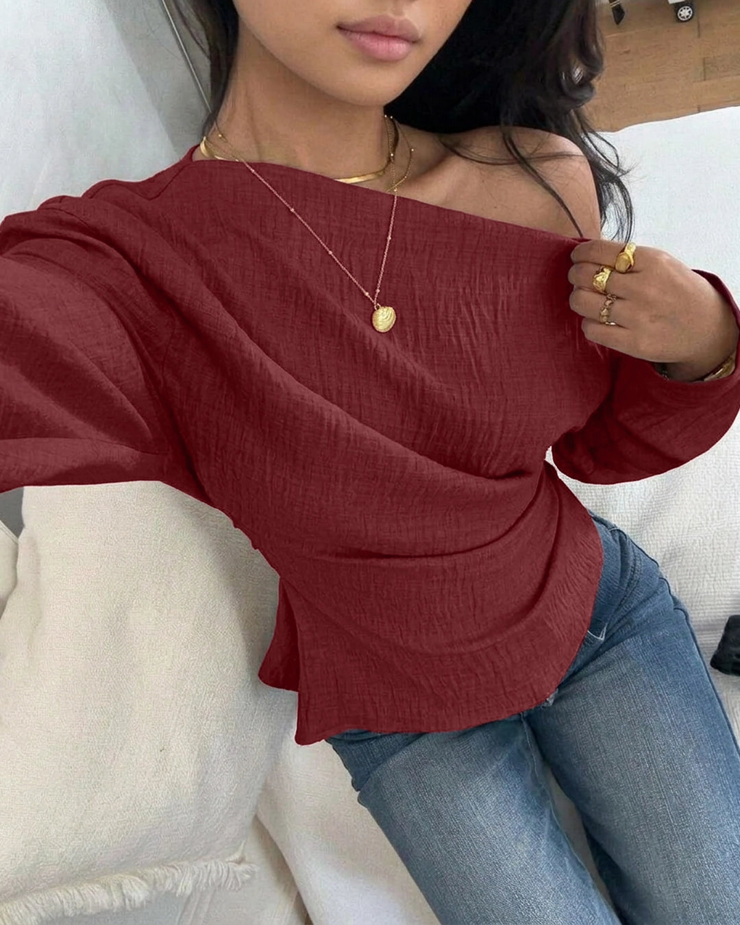 Party Off Shoulder Long Sleeve Fitted Top in Burgundy