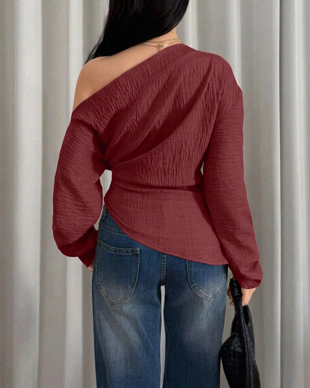 Party Off Shoulder Long Sleeve Fitted Top in Burgundy