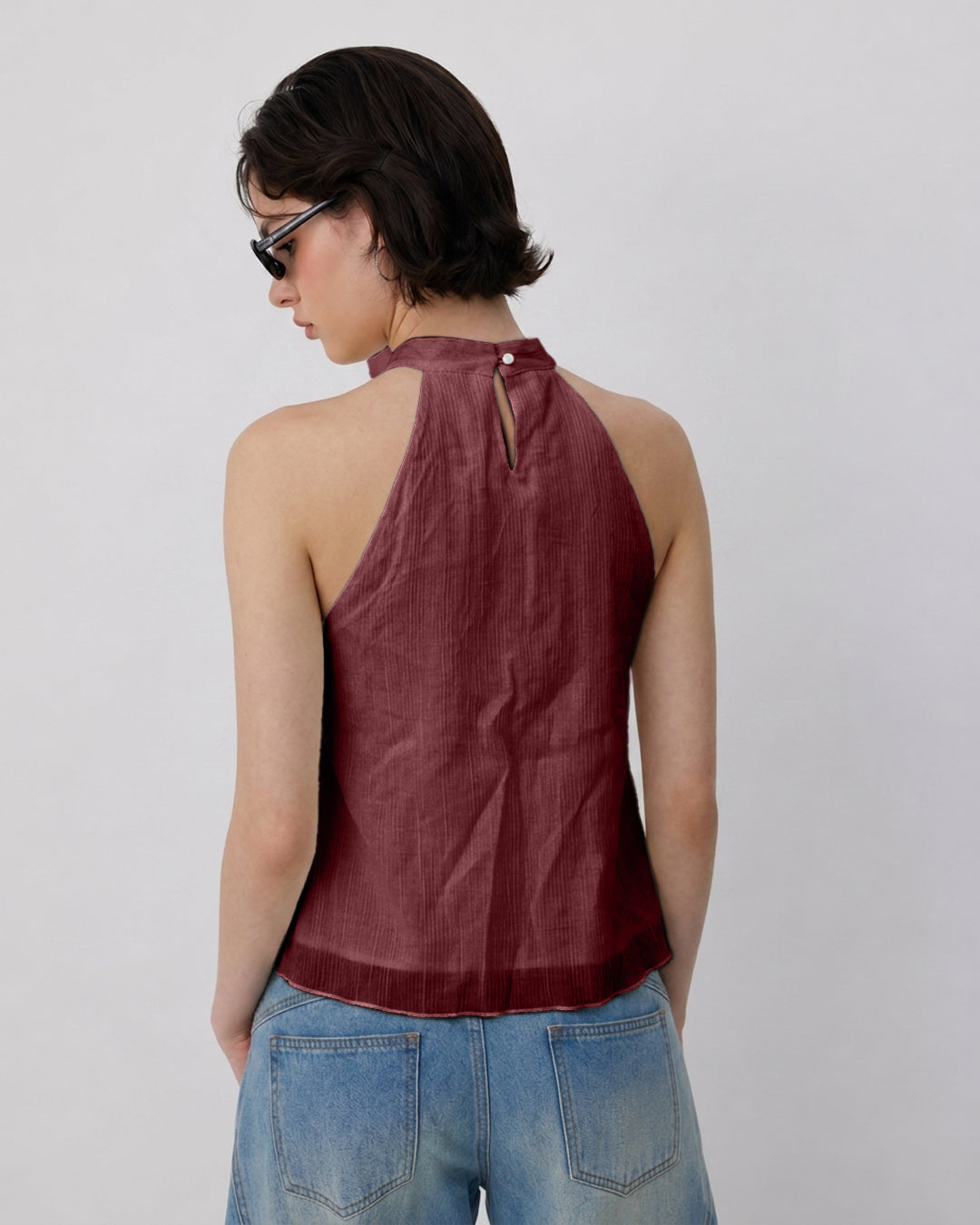 Halter Neck Sleeveless Ruffle Top in Wine Maroon