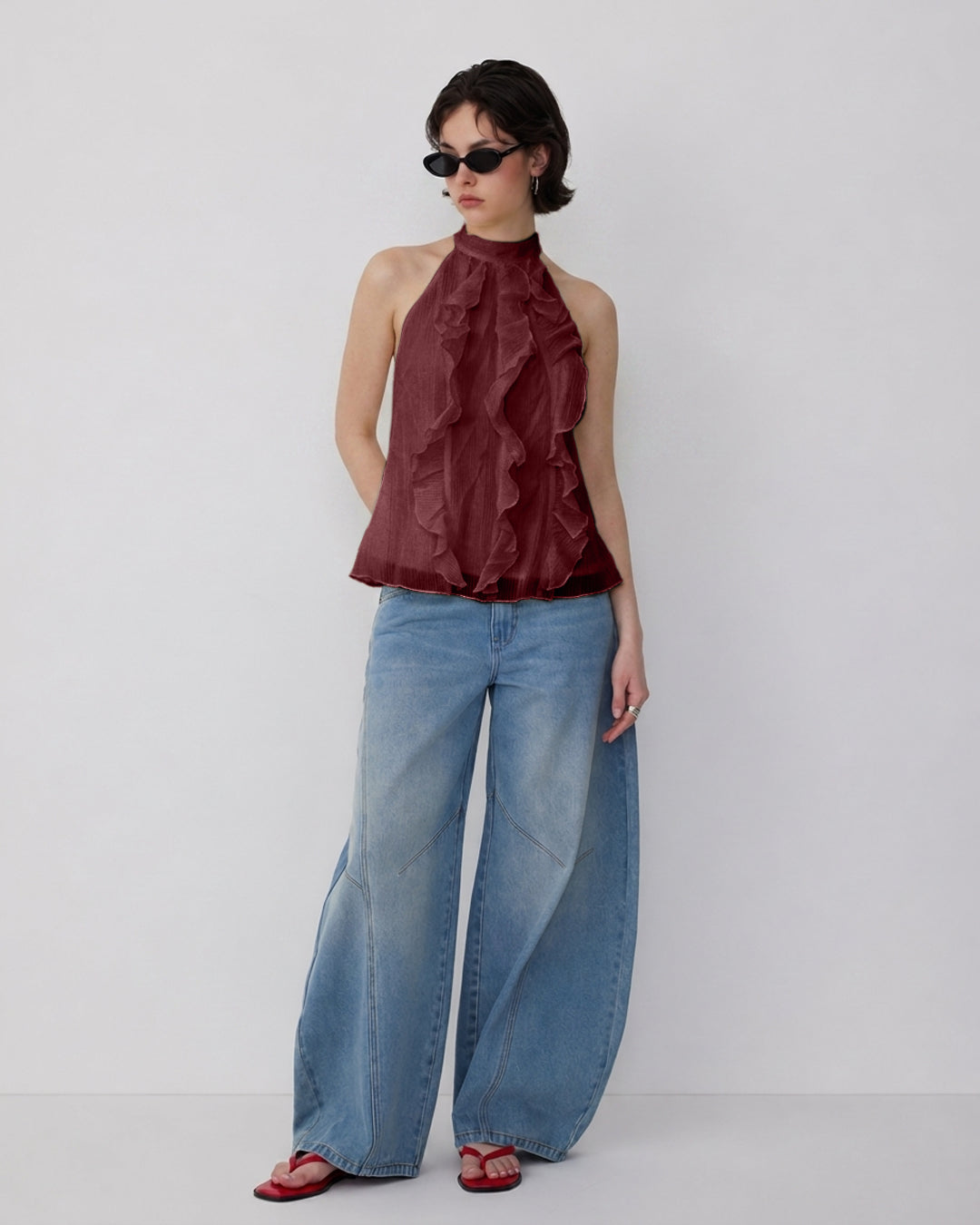 Halter Neck Sleeveless Ruffle Top in Wine Maroon