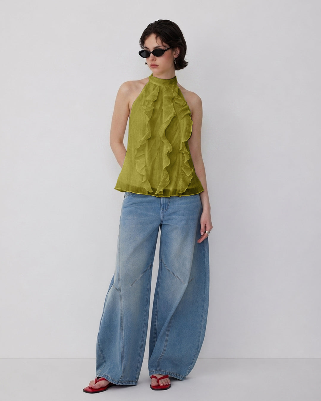Halter Neck Sleeveless Ruffle Top in Dark Citron