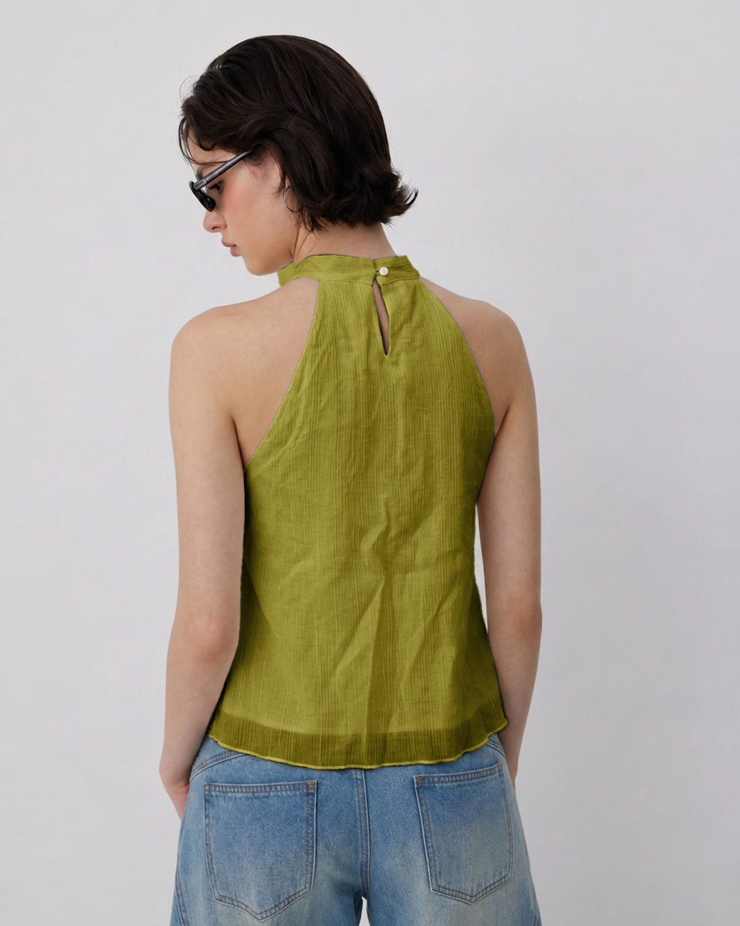 Halter Neck Sleeveless Ruffle Top in Dark Citron