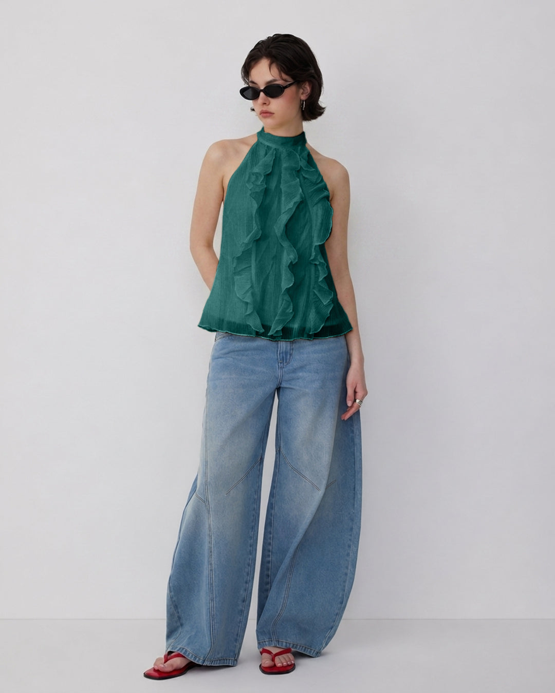 Halter Neck Sleeveless Ruffle Top in Teal Green