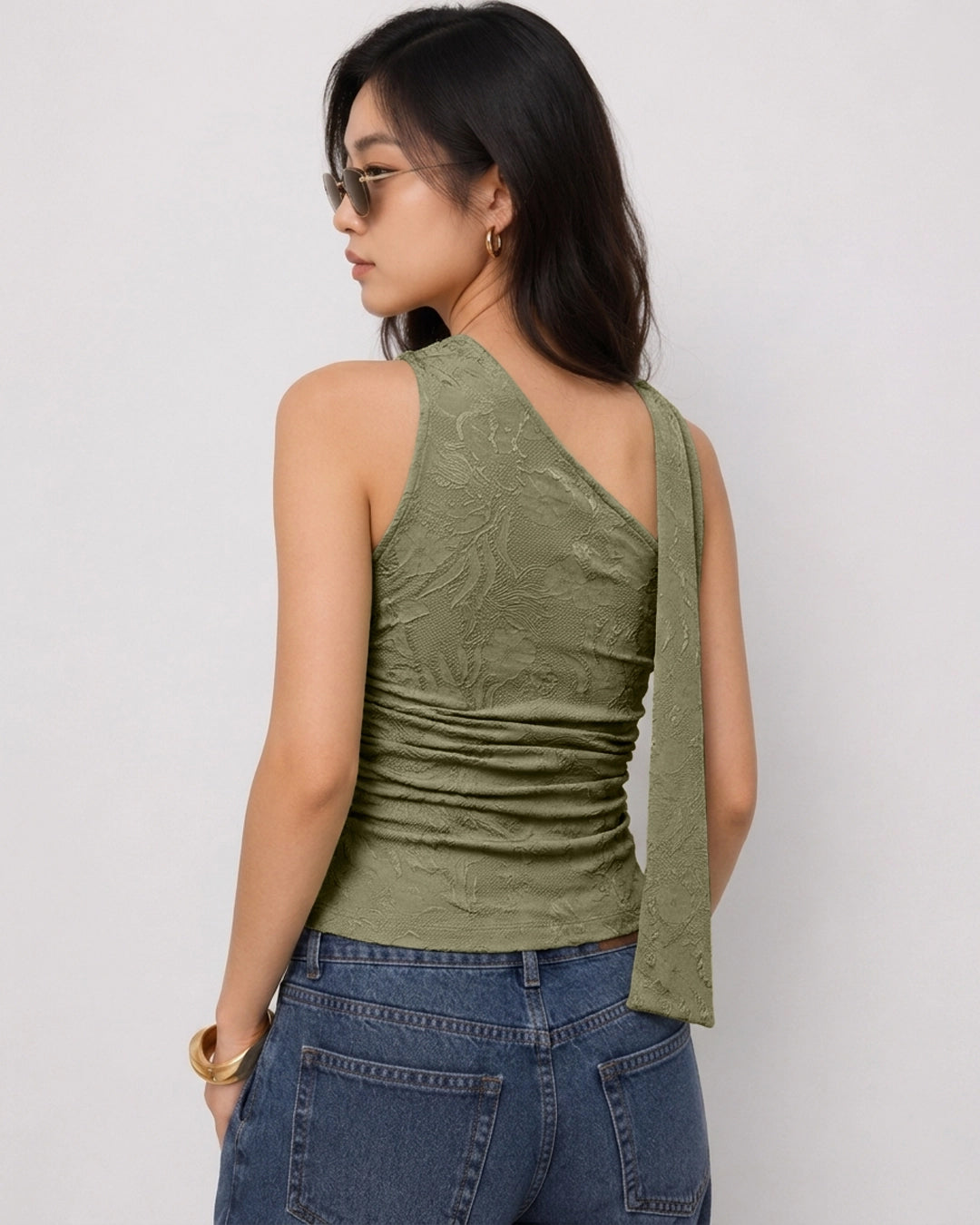 Halter Neck Ruched Tie Front Crop Top in Olive Green