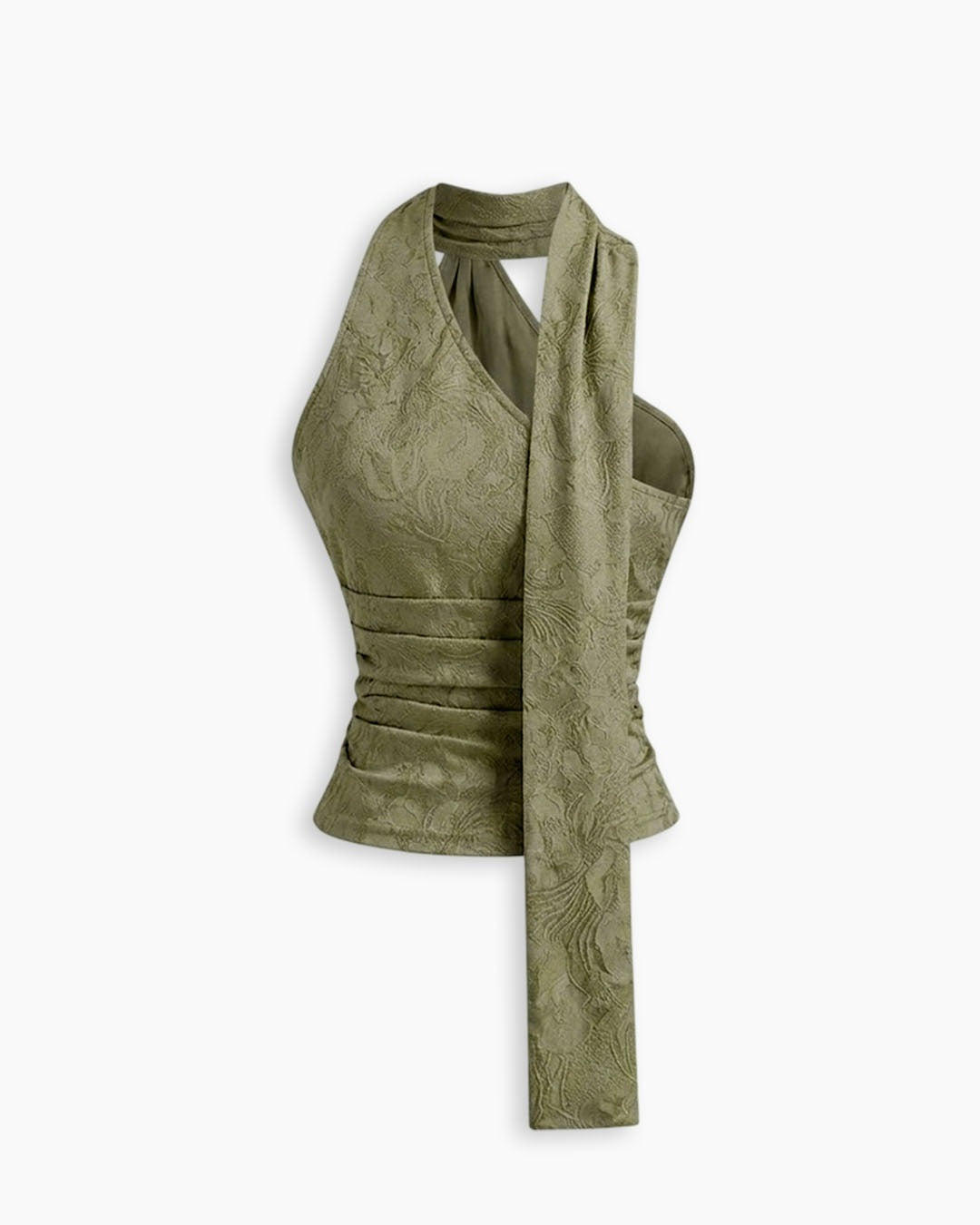 Halter Neck Ruched Tie Front Crop Top in Olive Green
