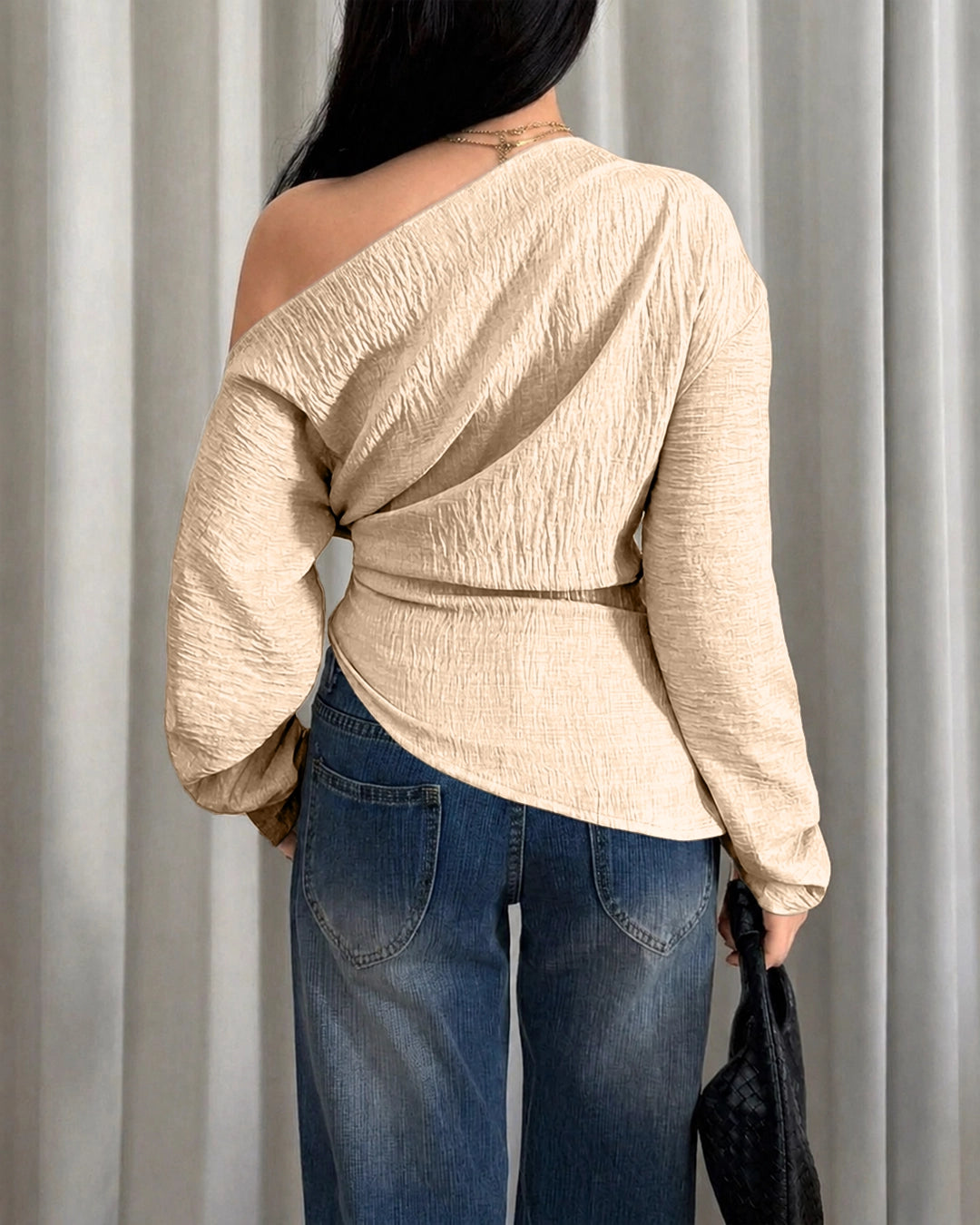 Party Off Shoulder Long Sleeve Fitted Top in Cream