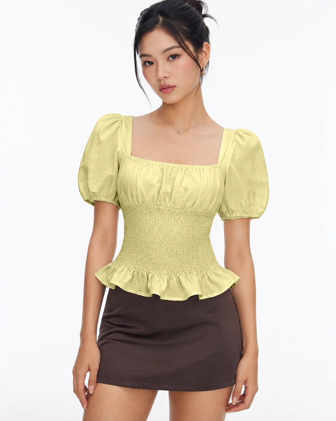 Smocked Peplum Puff Sleeve Top in Herbal Green