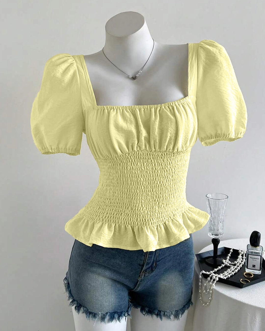 Smocked Peplum Puff Sleeve Top in Herbal Green