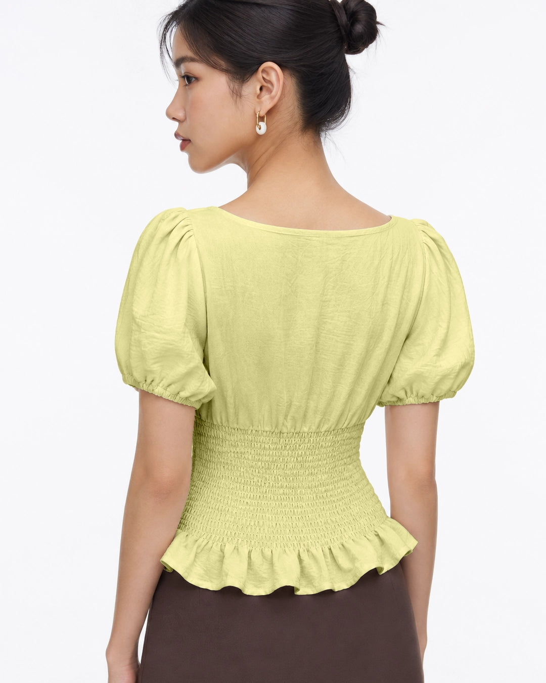 Smocked Peplum Puff Sleeve Top in Herbal Green