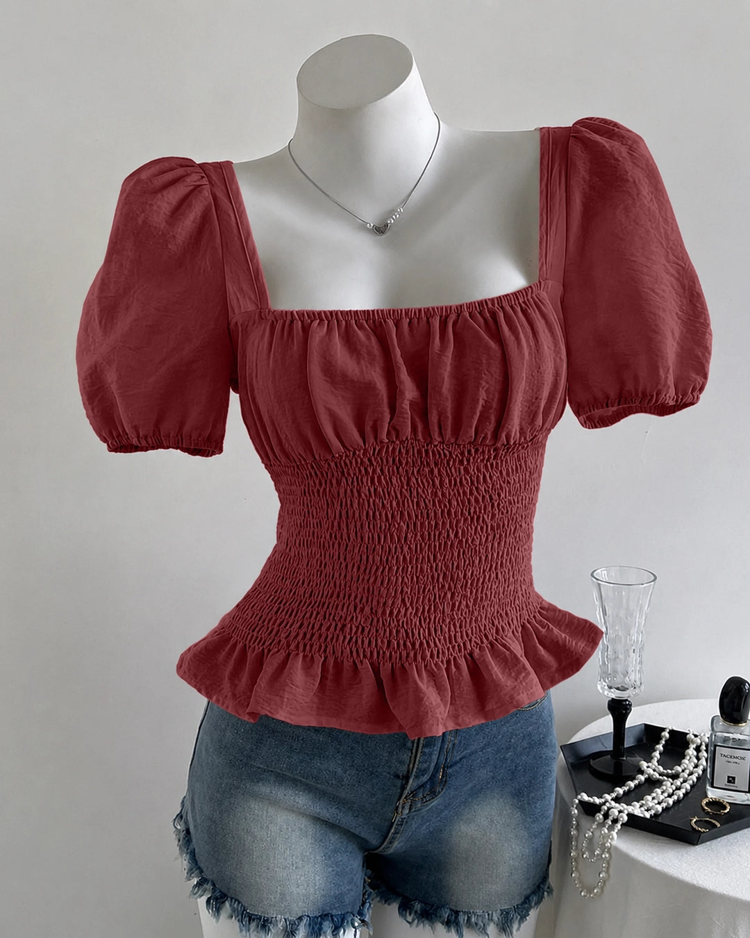 Smocked Peplum Puff Sleeve Top in Maroon
