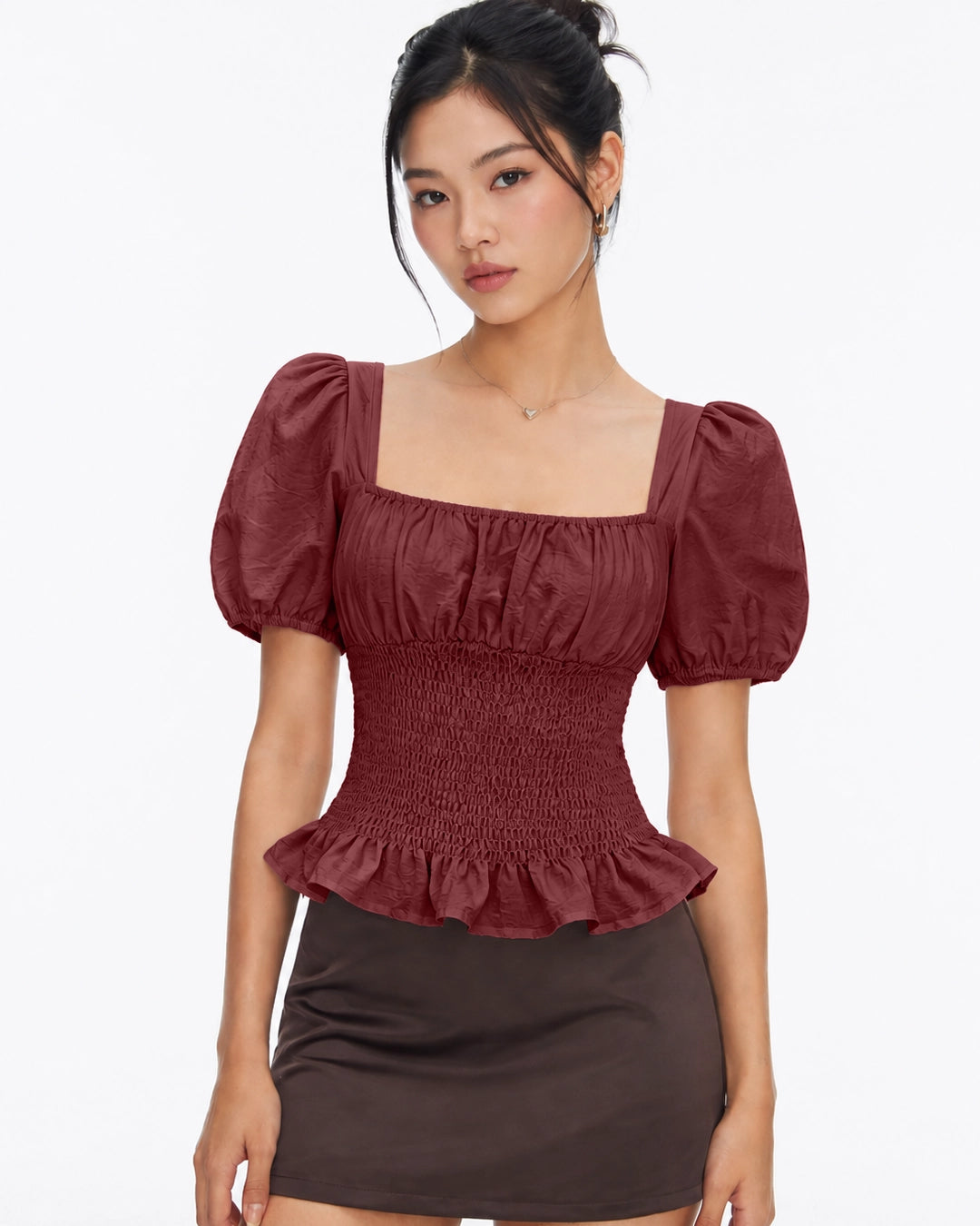 Smocked Peplum Puff Sleeve Top in Maroon