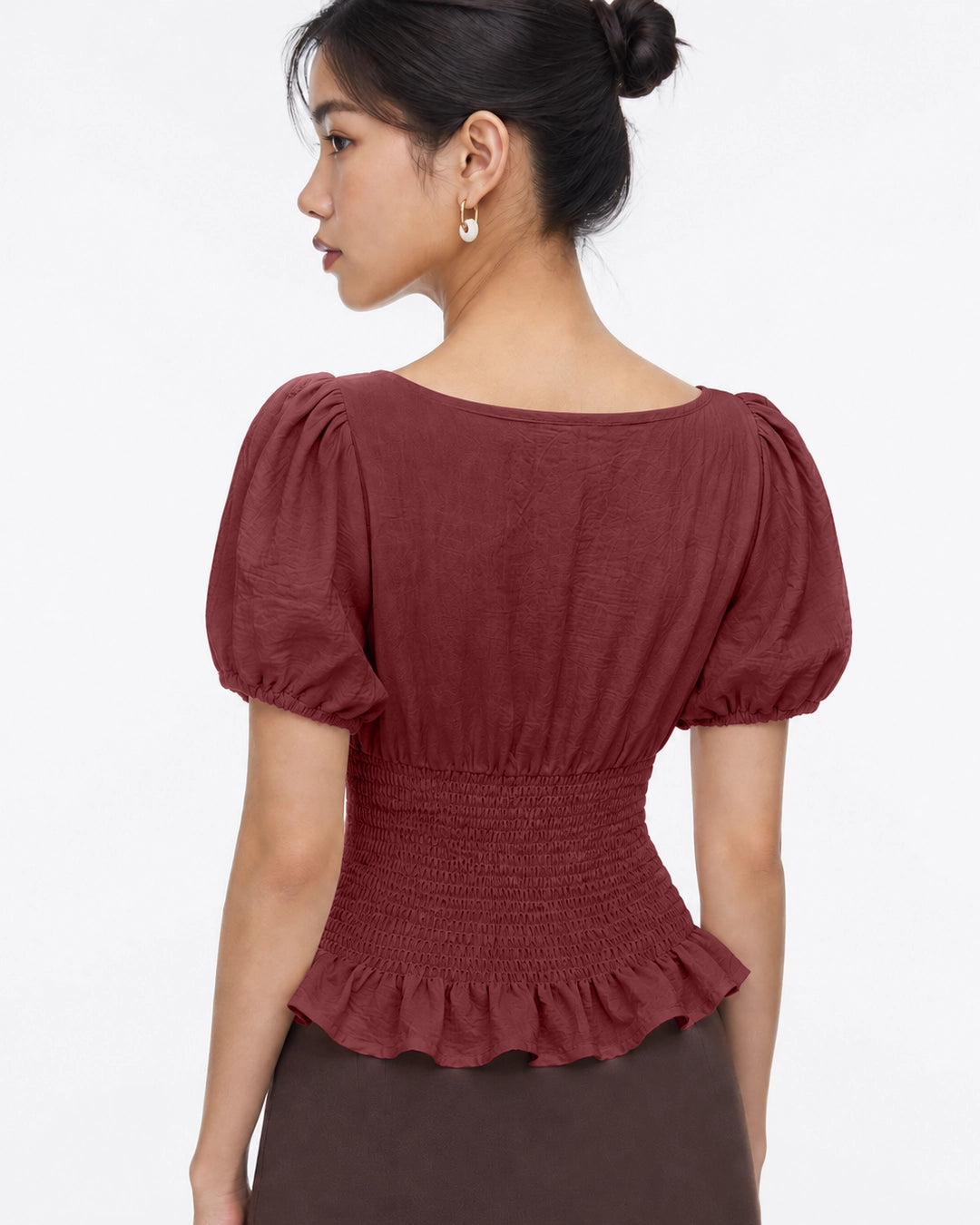 Smocked Peplum Puff Sleeve Top in Maroon
