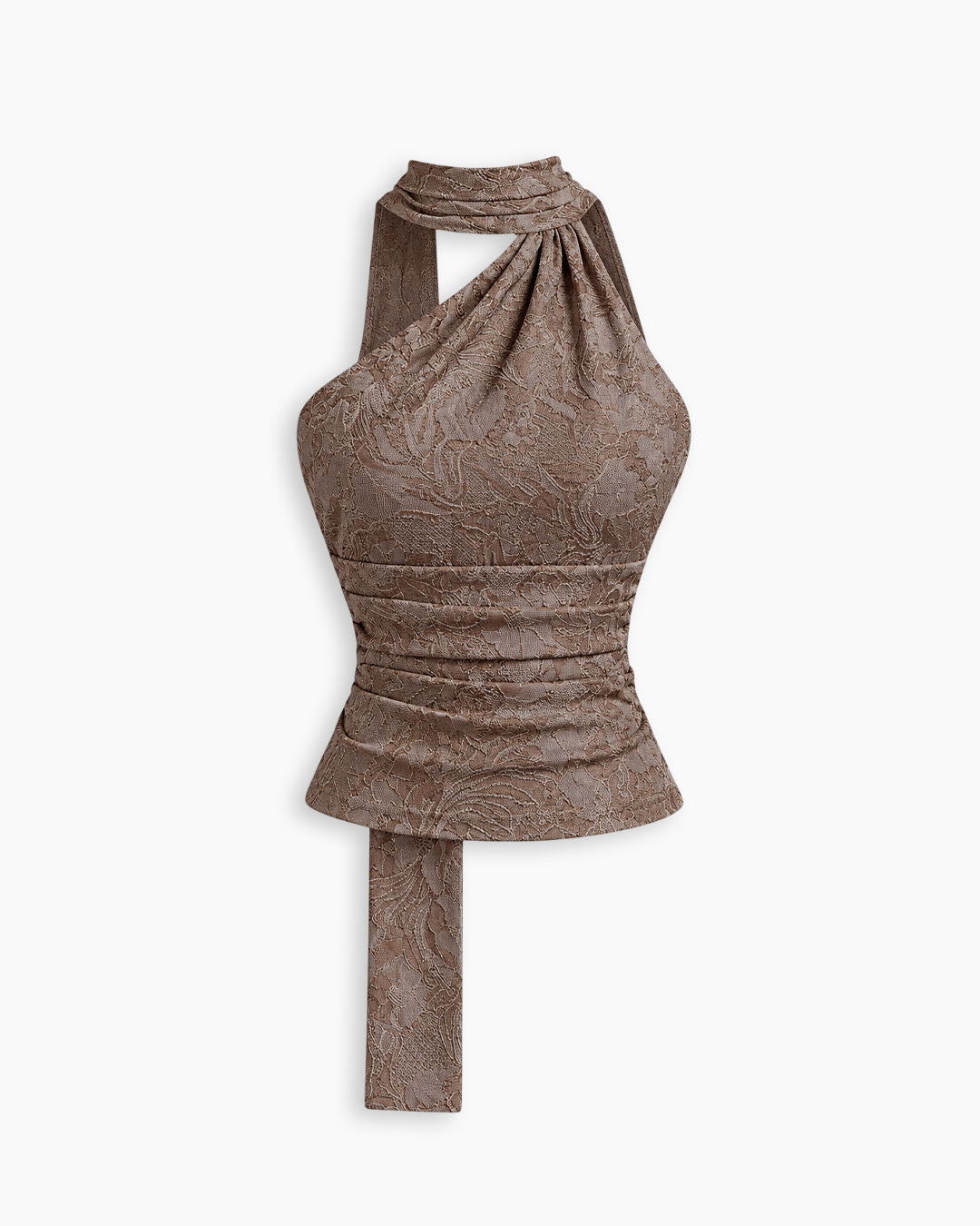 Halter Neck Ruched Tie Front Crop Top in Brown