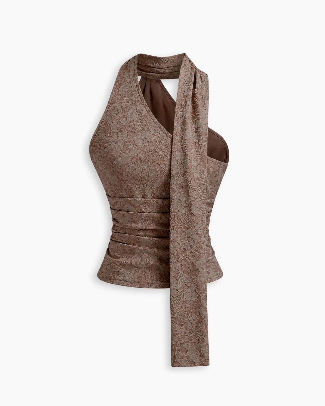 Halter Neck Ruched Tie Front Crop Top in Brown