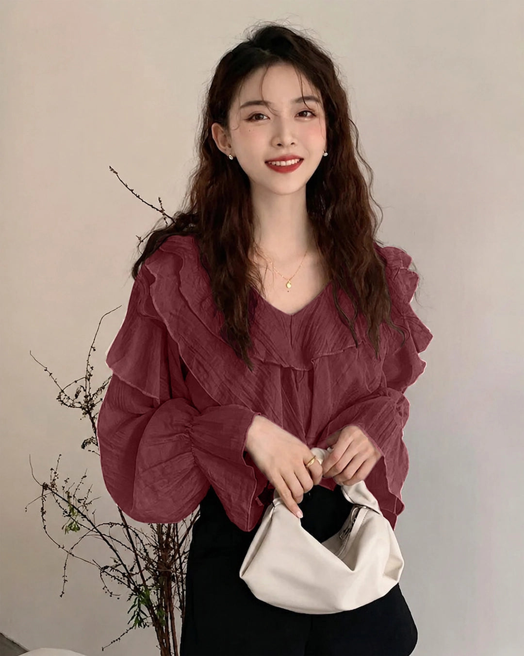 V-Neck Ruffle Trim Full Sleeve Top in Wine Maroon