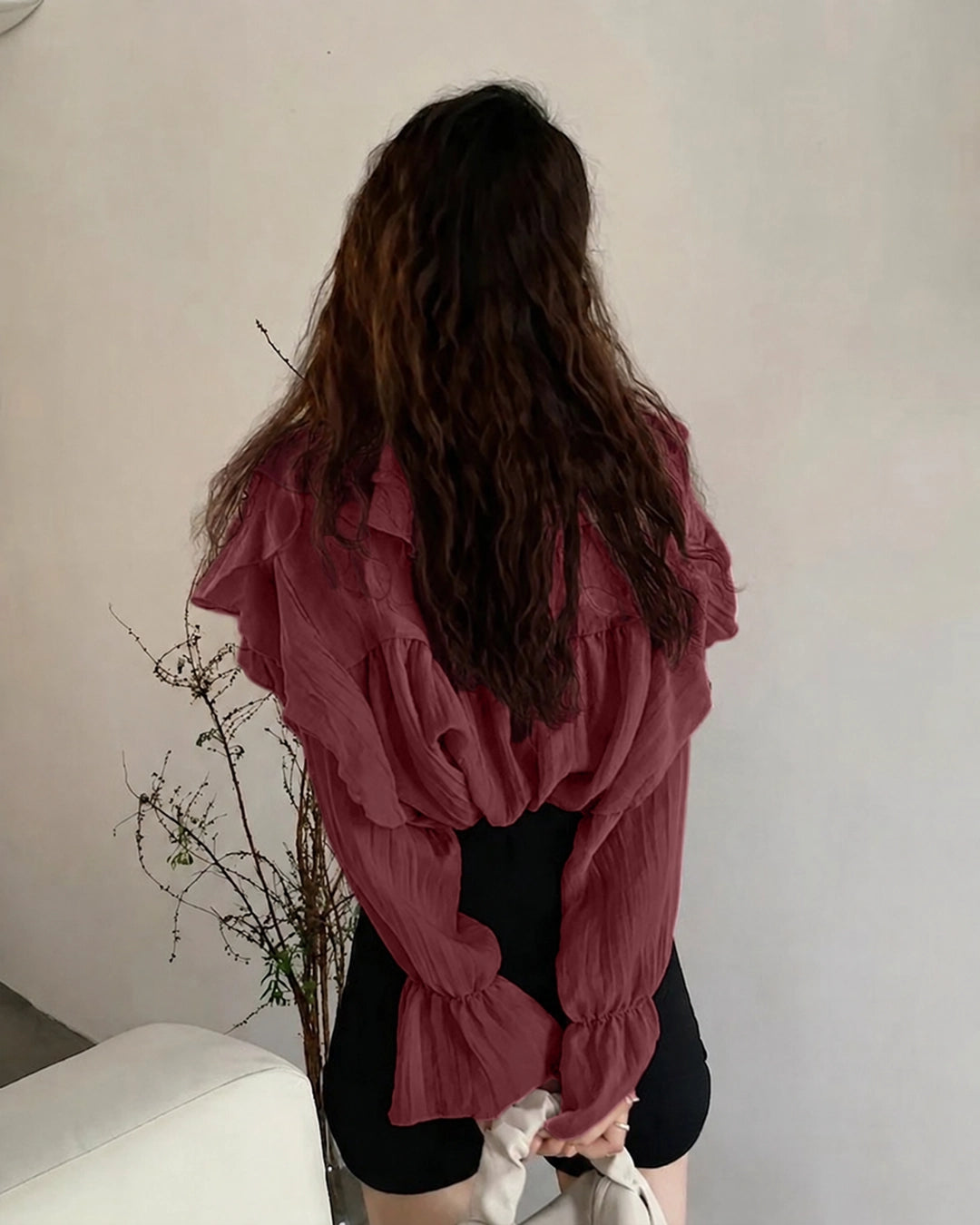 V-Neck Ruffle Trim Full Sleeve Top in Wine Maroon