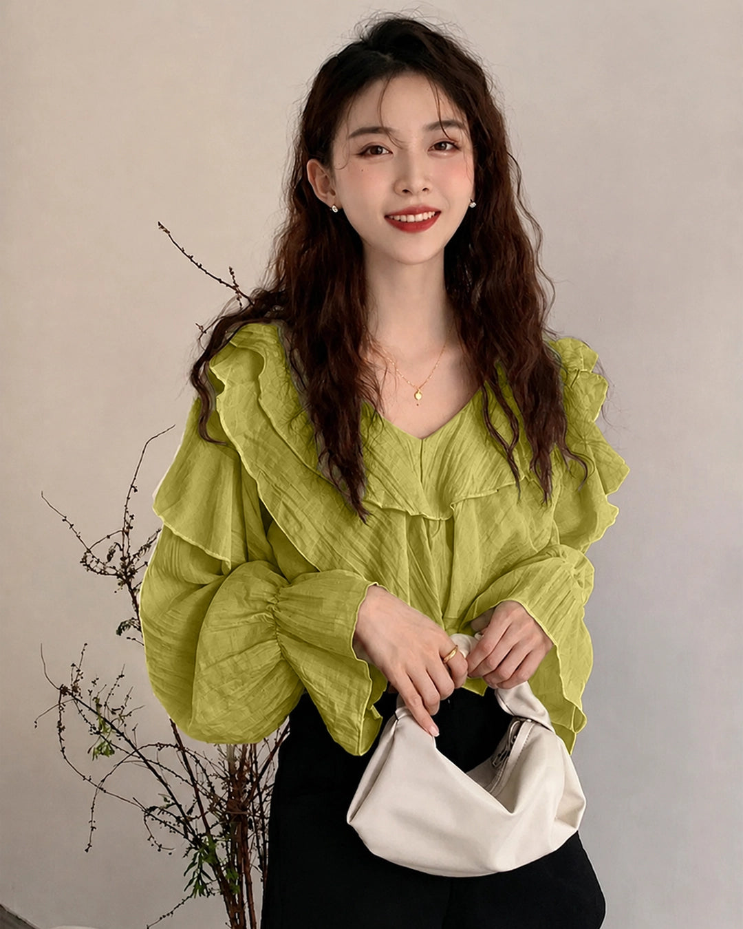 V-Neck Ruffle Trim Full Sleeve Top in Dark Citron