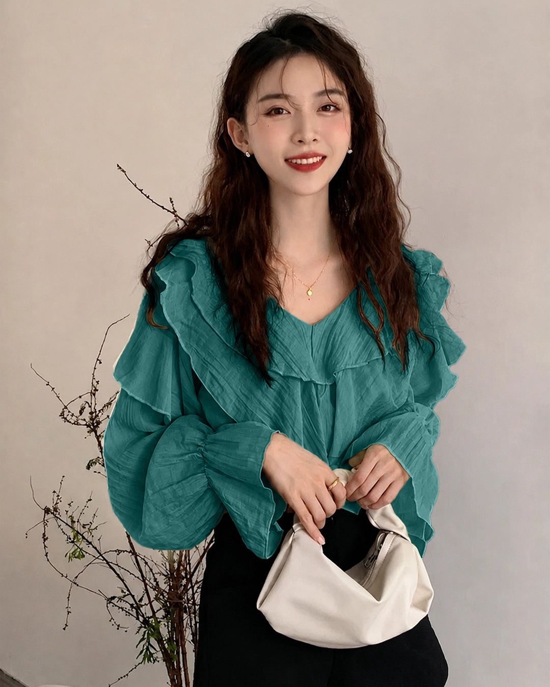 V-Neck Ruffle Trim Full Sleeve Top in Teal Green