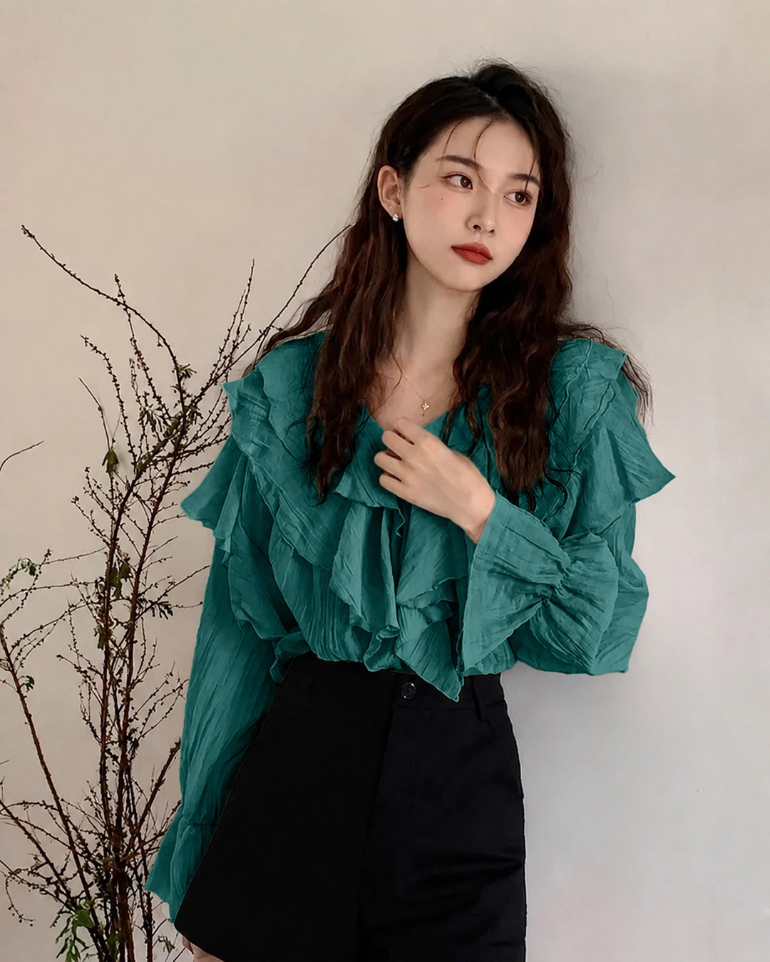 V-Neck Ruffle Trim Full Sleeve Top in Teal Green