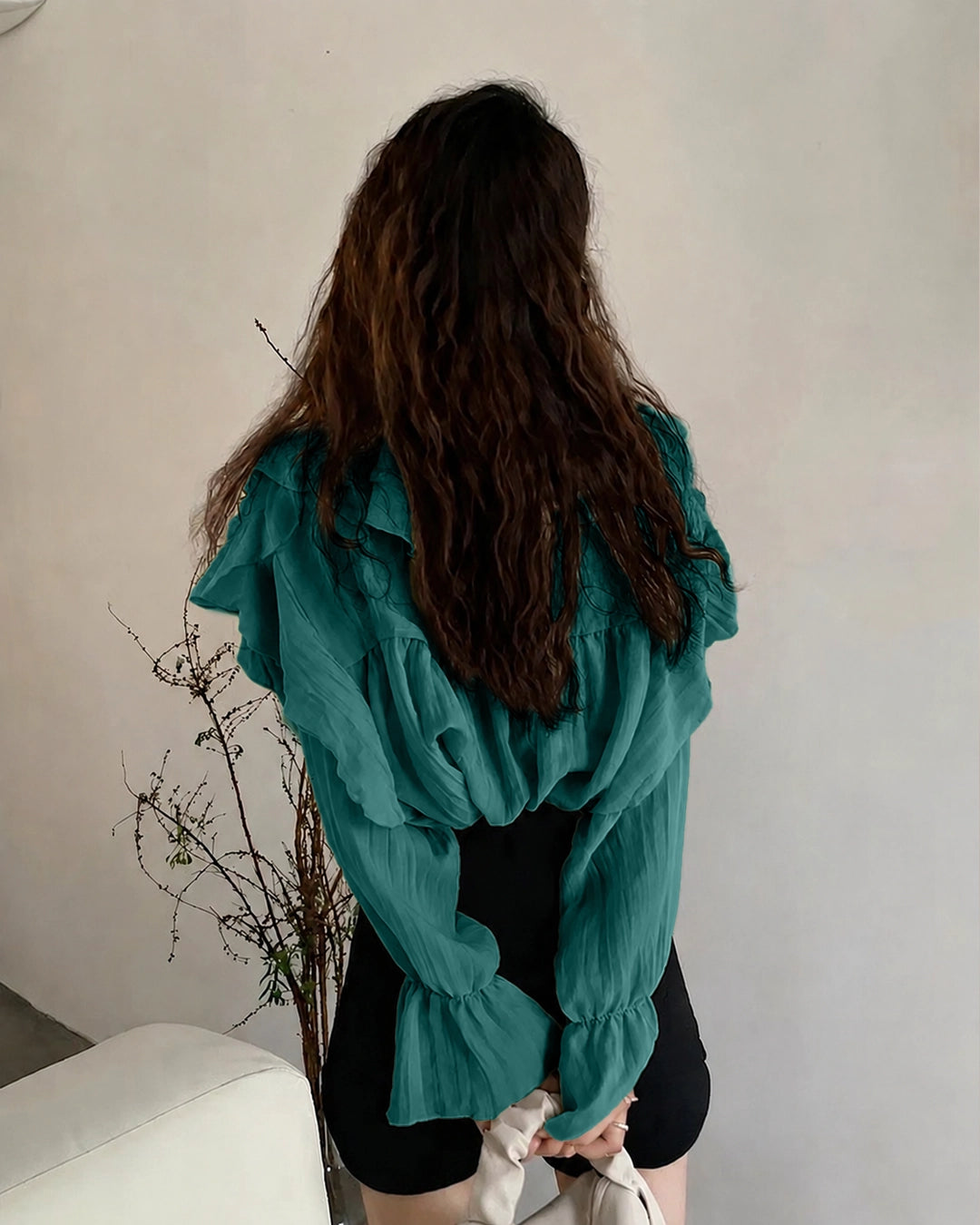 V-Neck Ruffle Trim Full Sleeve Top in Teal Green