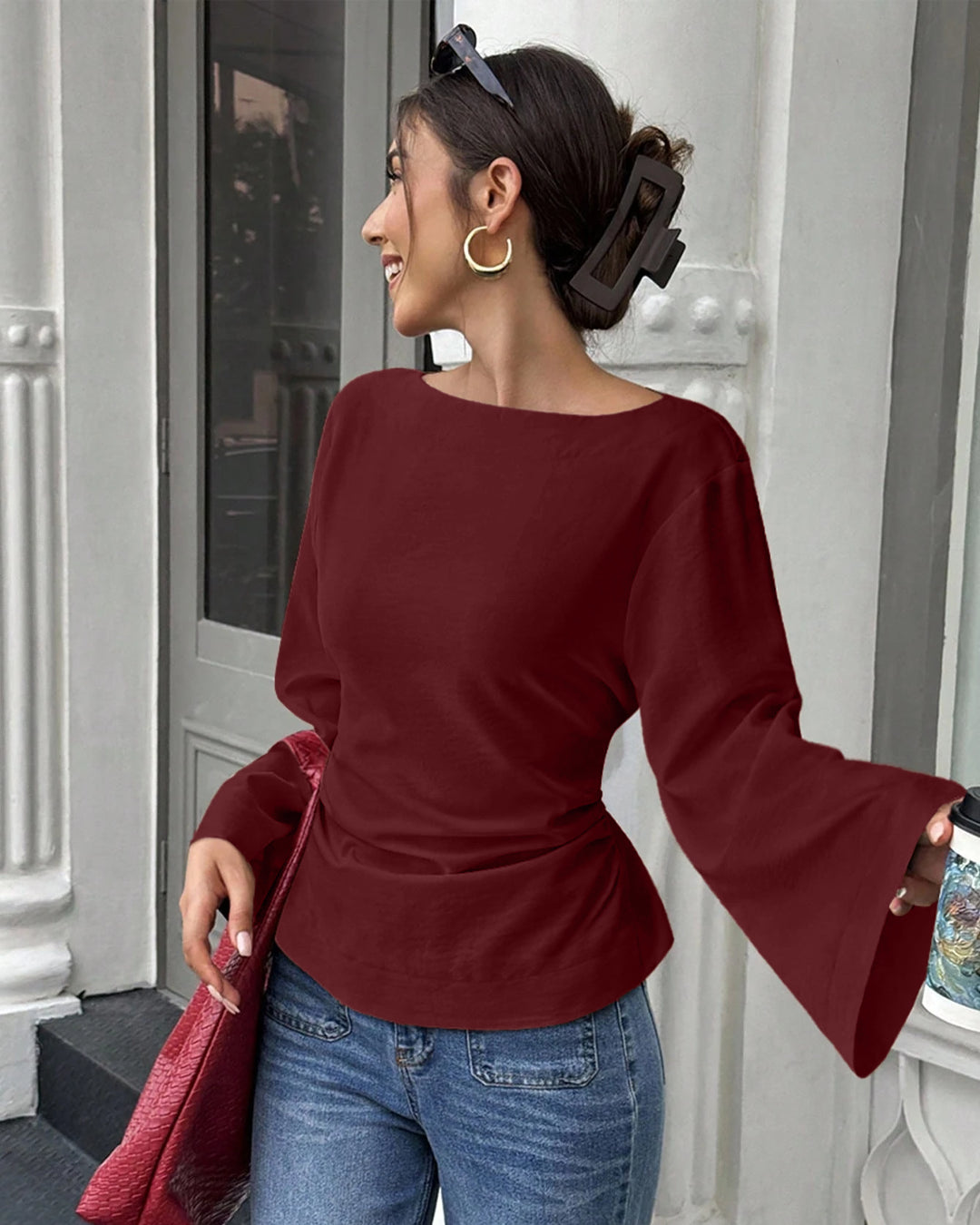 Boat Neck Ruched Waist Long Sleeve Top in Maroon