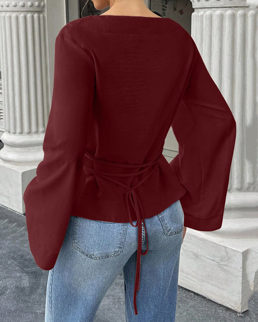Boat Neck Ruched Waist Long Sleeve Top in Maroon