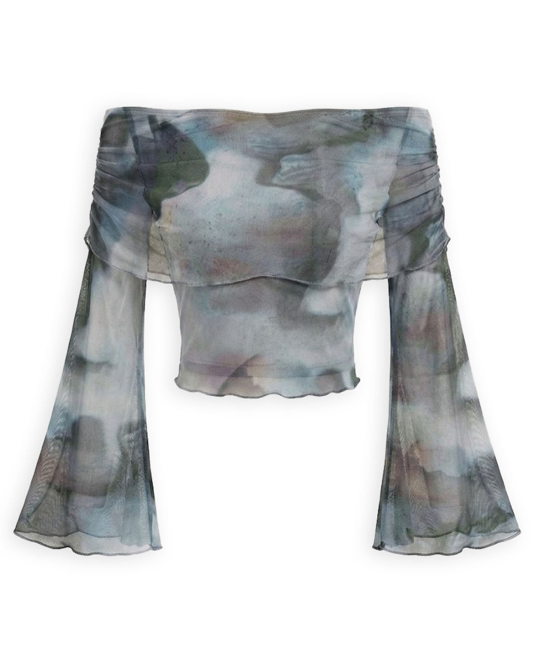Off Shoulder Mesh Bell Sleeve Printed Crop Top in Light Grey
