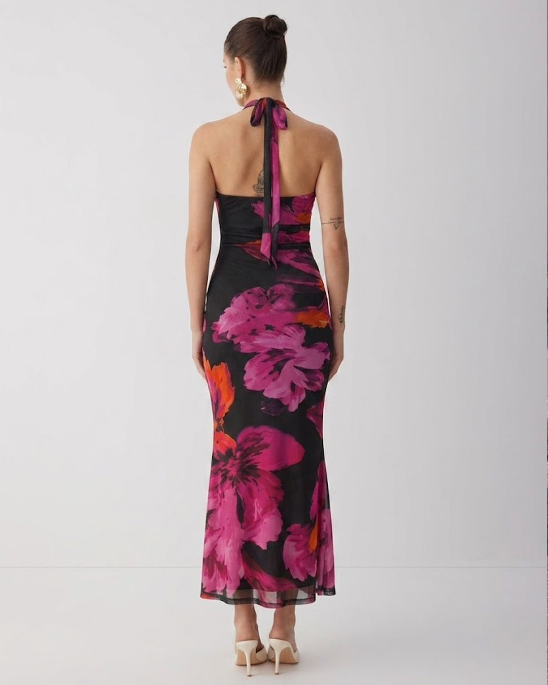 Floral Halter Neck Maxi Dress in Black