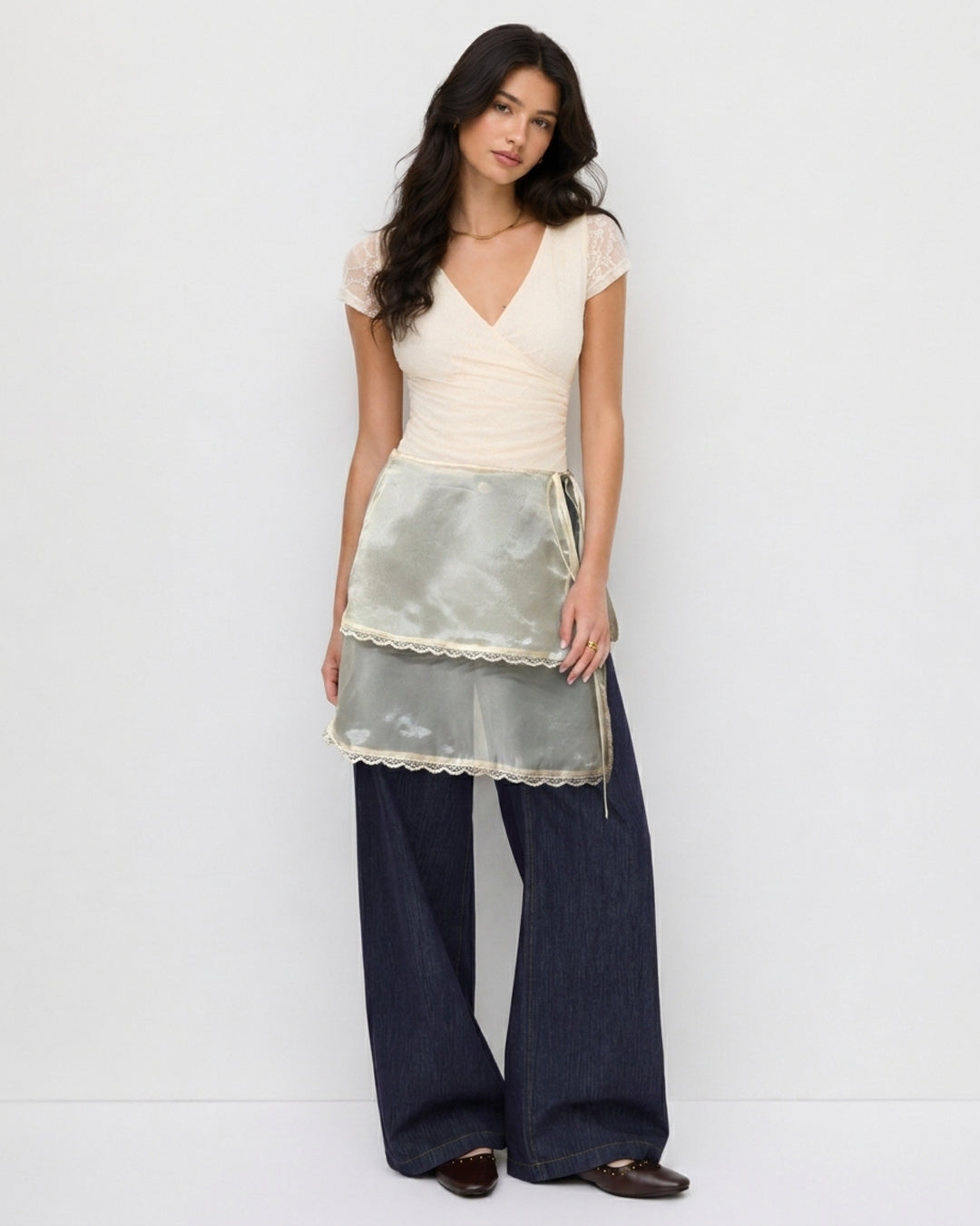 Layered Tie Waist Mini Wrap Skirt in Beige