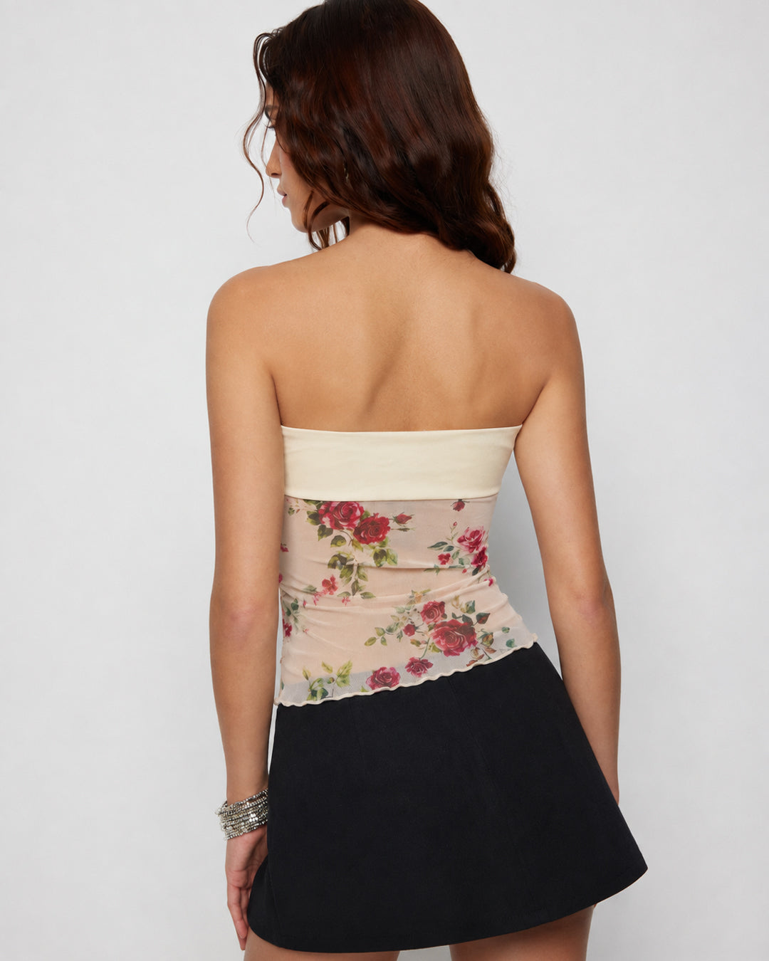Floral Ruched Strapless Corset Top in Warm Beige