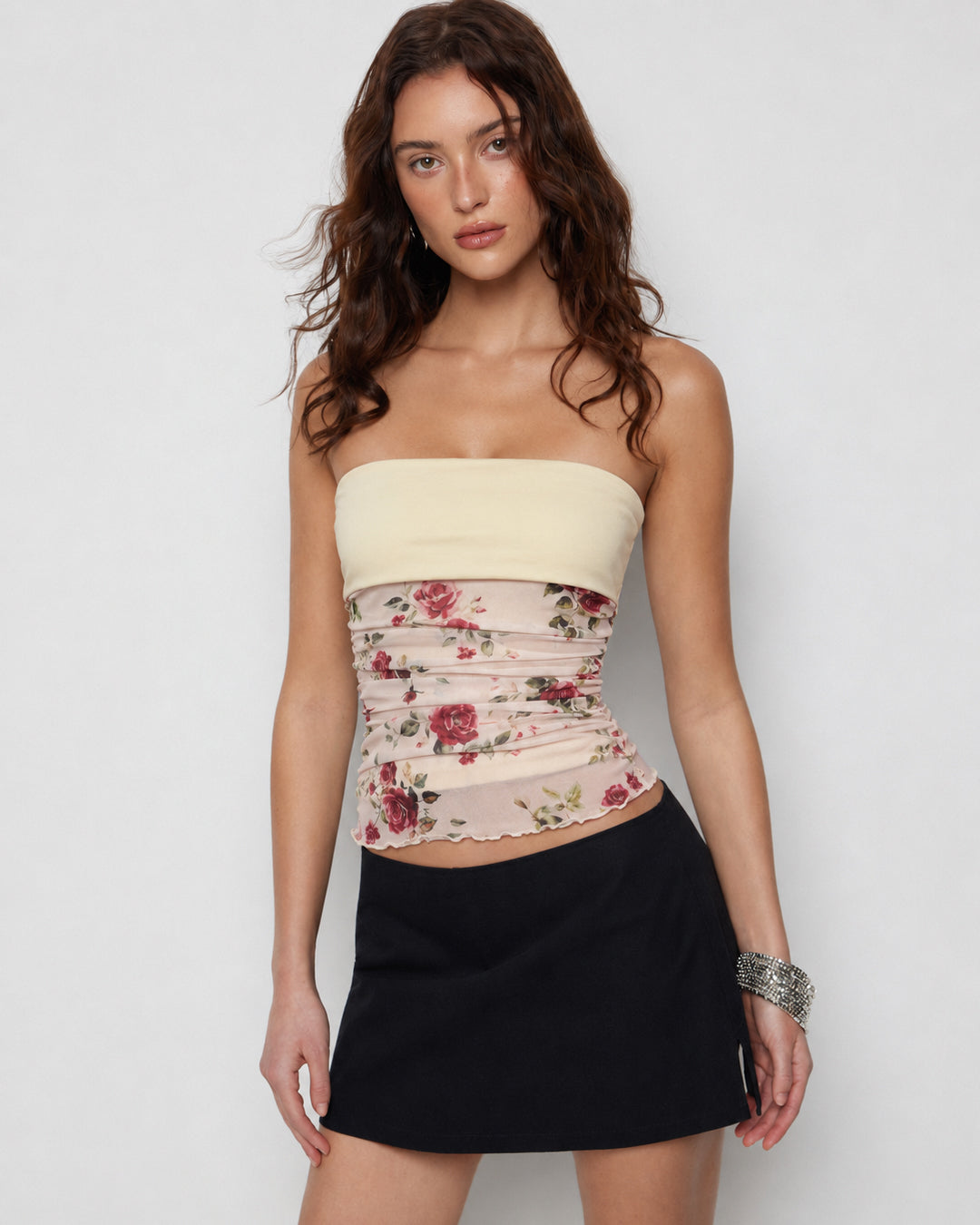 Floral Ruched Strapless Corset Top in Warm Beige