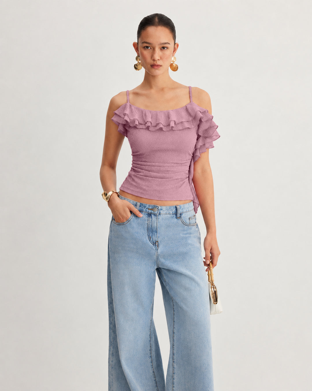 Asymmetrical Ruffle Detail Ruched Cami Top in Dusty Pink