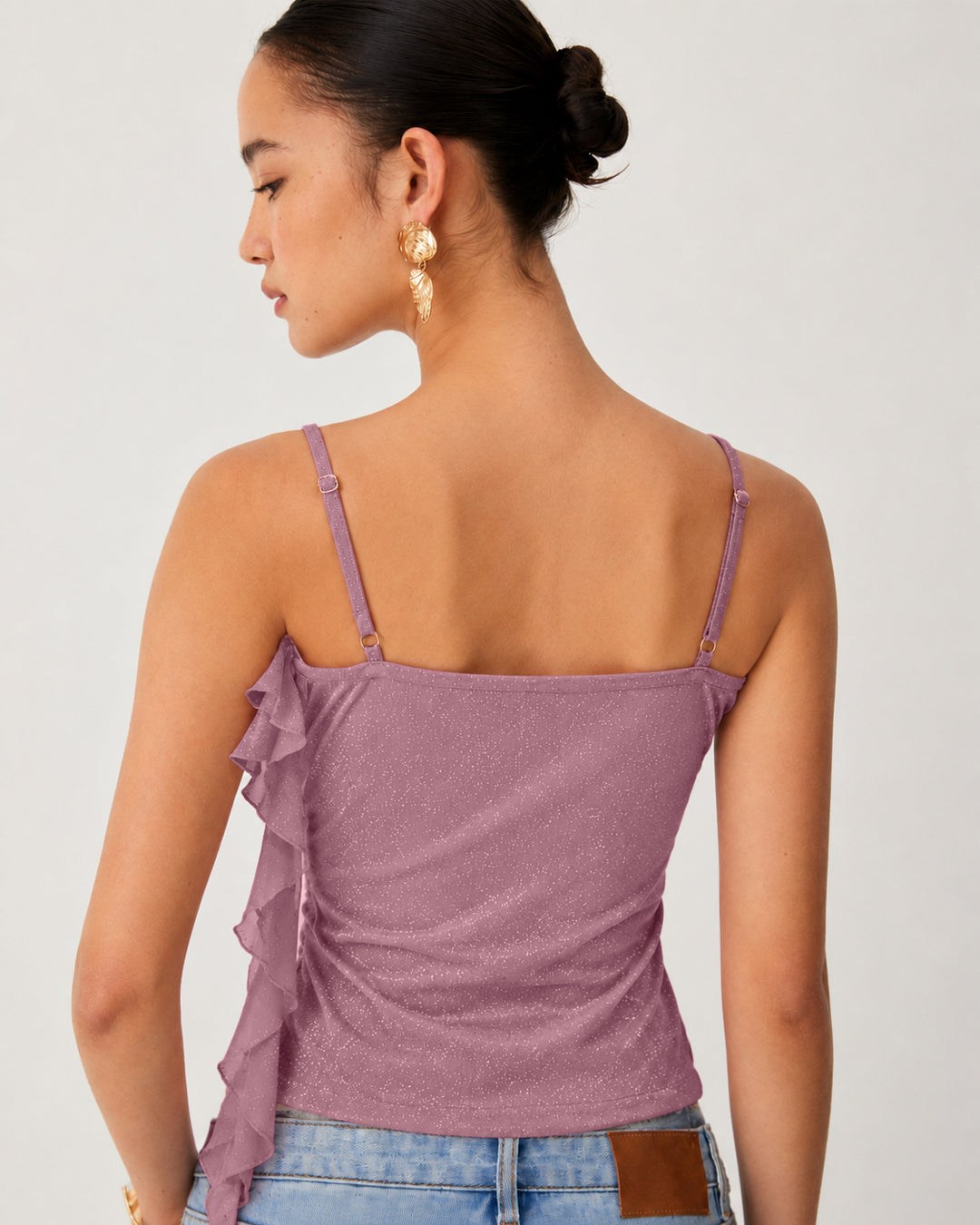 Asymmetrical Ruffle Detail Ruched Cami Top in Dusty Pink