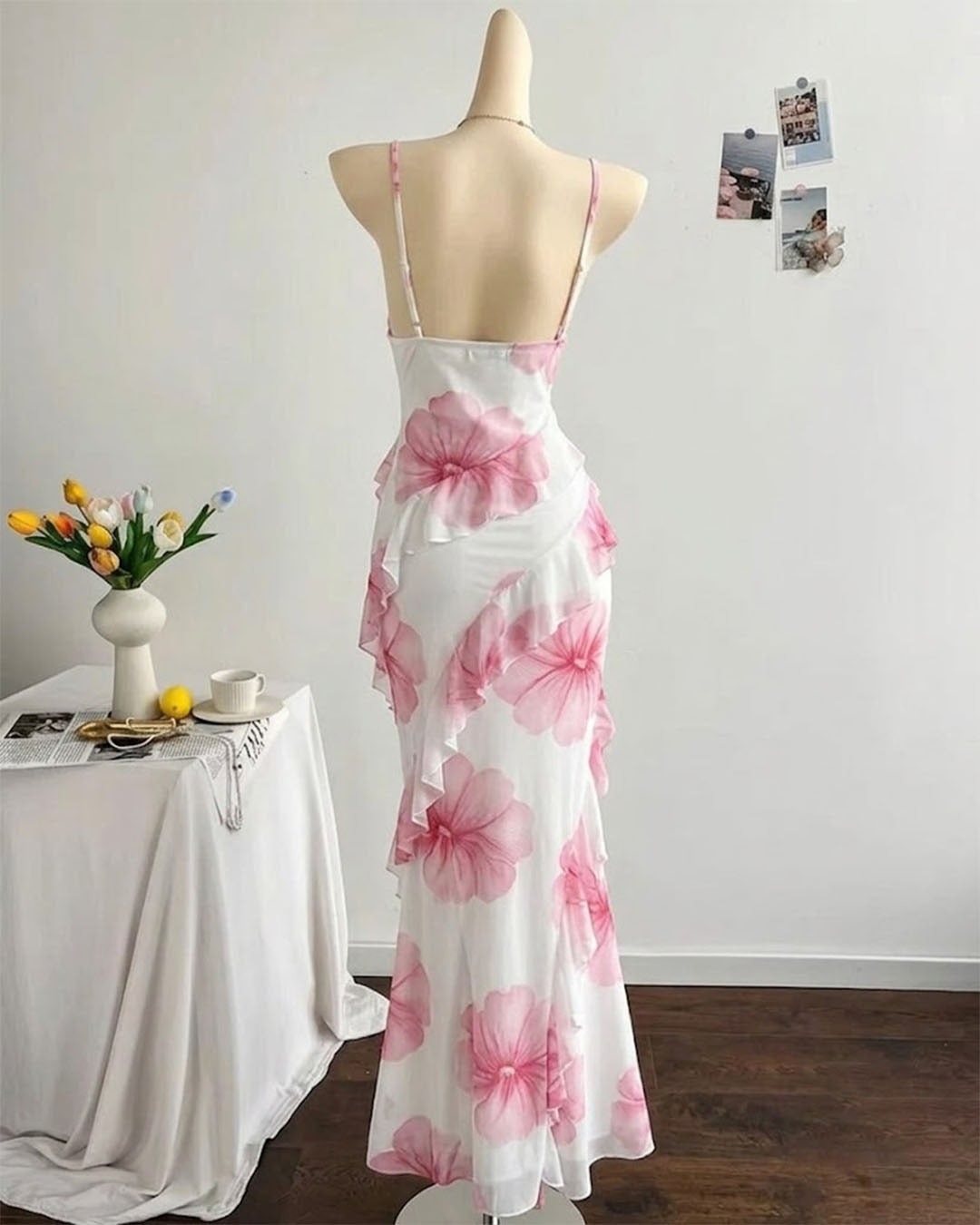 Floral Print Ruffle Trim Mermaid Maxi Dress in Classic White
