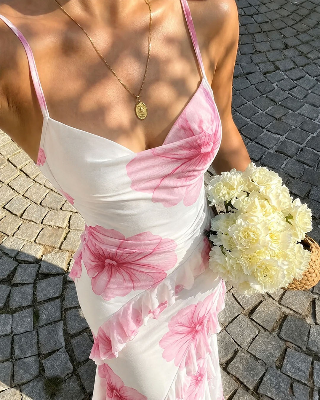 Floral Print Ruffle Trim Mermaid Maxi Dress in Classic White