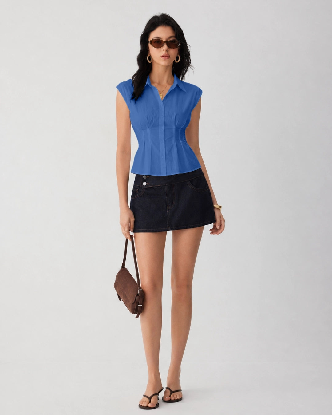 Collared Button Front Peplum Shirt in Royal Blue