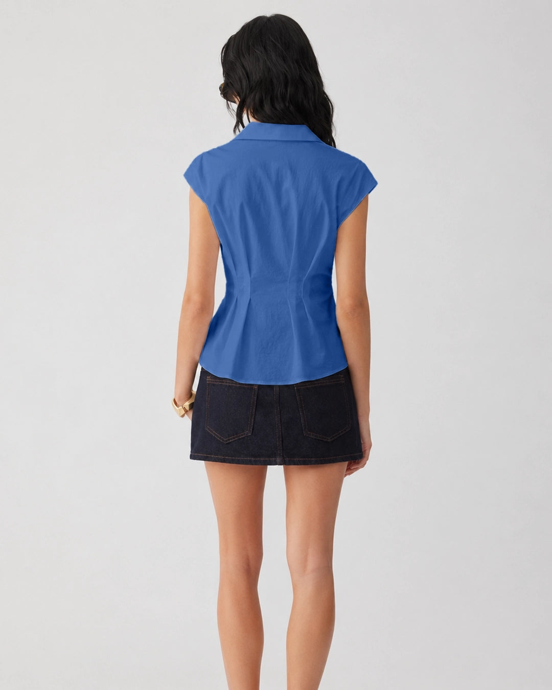 Collared Button Front Peplum Shirt in Royal Blue