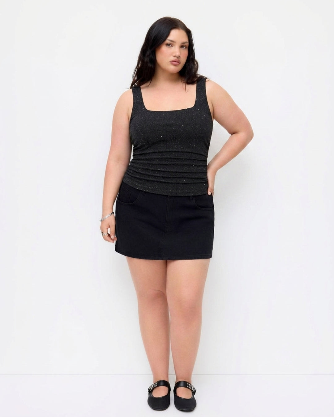 Square Neck Ruched Sparkle Tank Top Curve & Plus in Shimmer Black