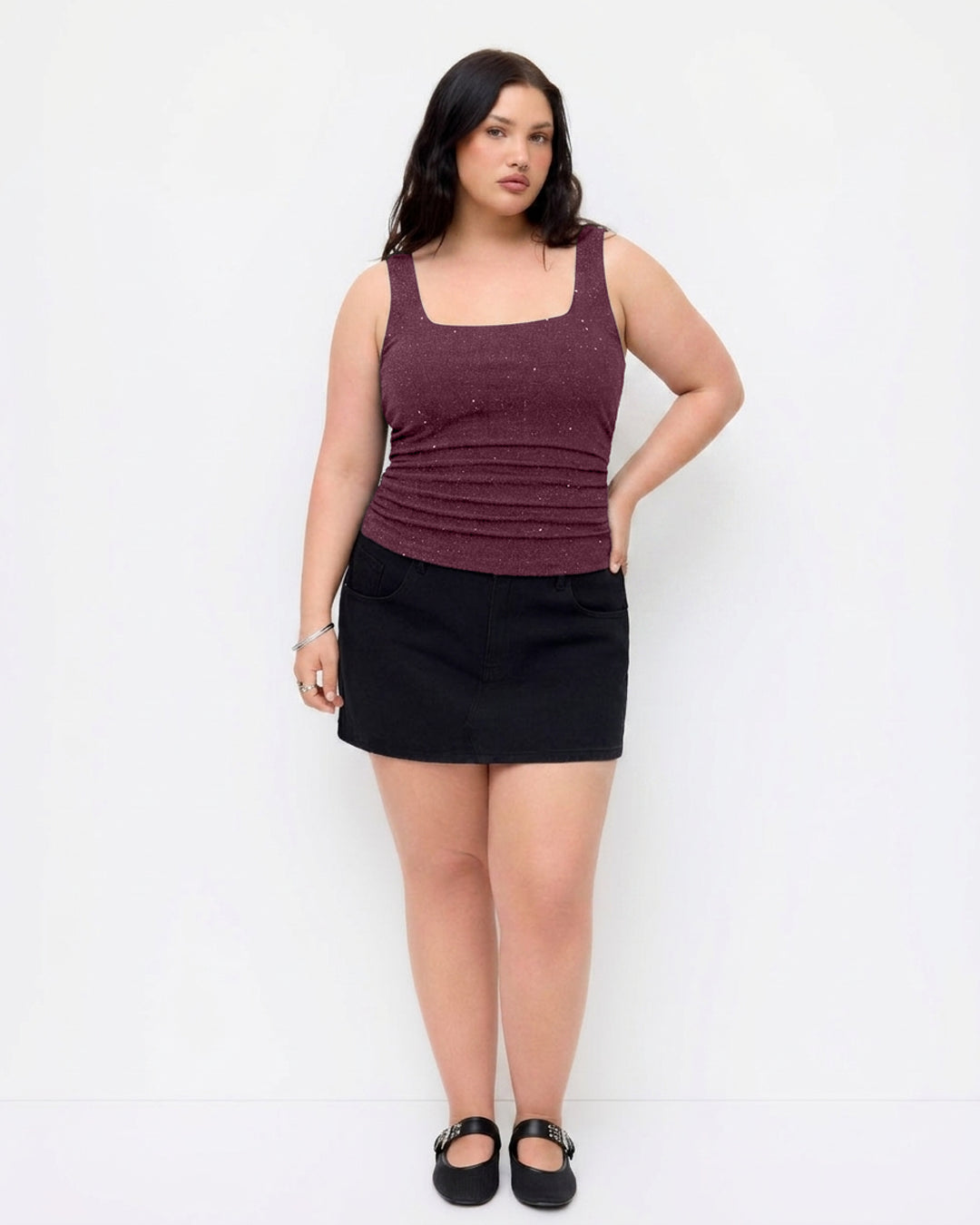 Square Neck Ruched Sparkle Tank Top Curve & Plus in Wine Maroon