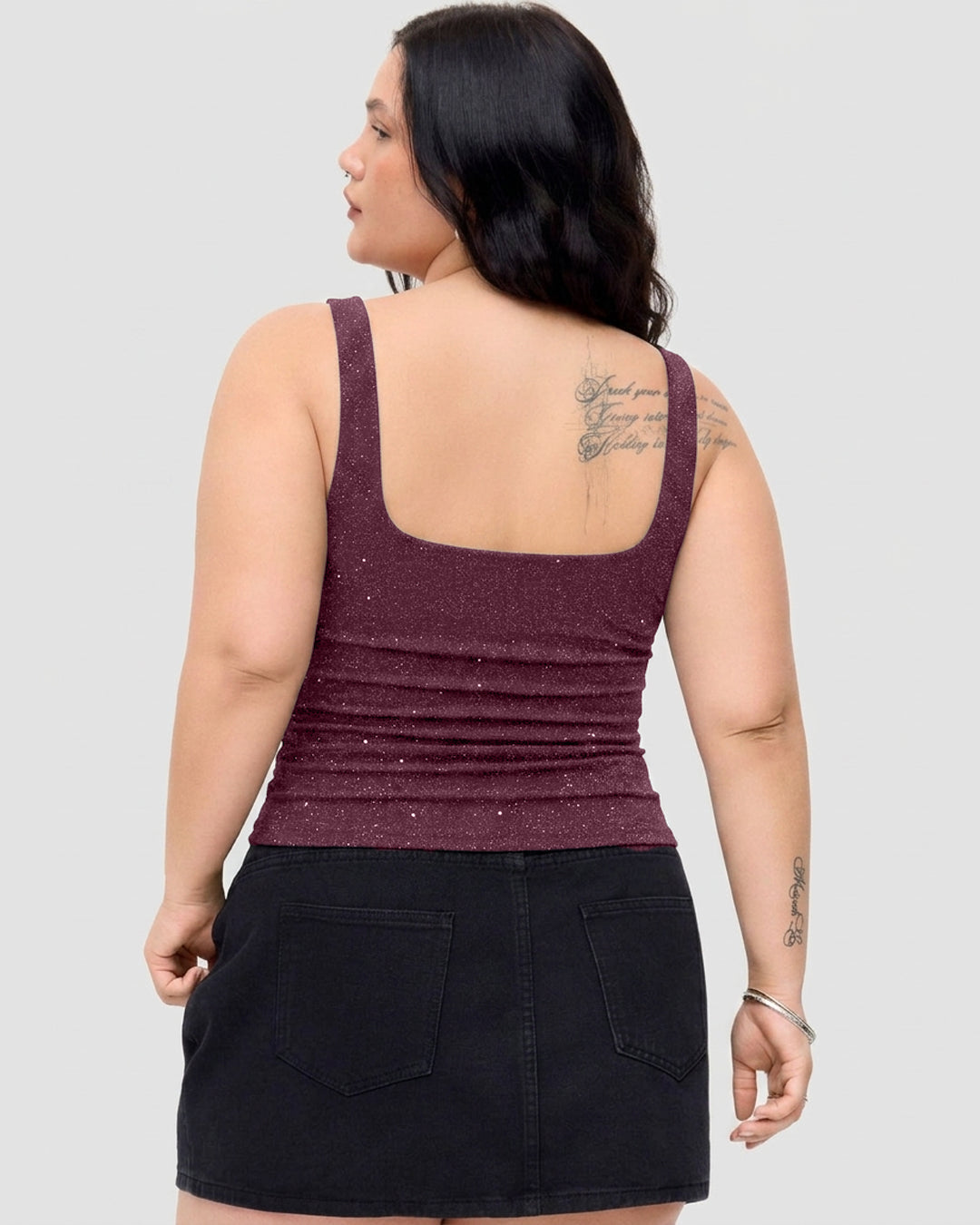 Square Neck Ruched Sparkle Tank Top Curve & Plus in Wine Maroon