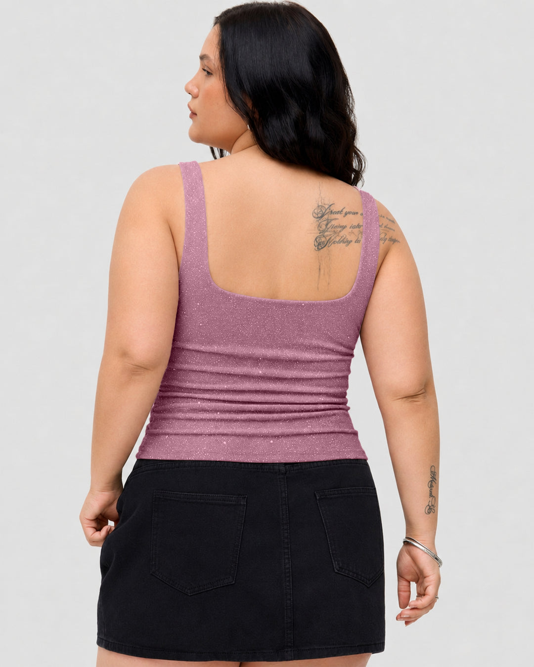 Square Neck Ruched Sparkle Tank Top Curve & Plus in Baby Pink